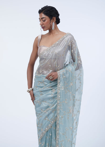 Aqua Blue Tissue Saree With Sequin And Cutdana Jaal Work And Unstitched Blouse