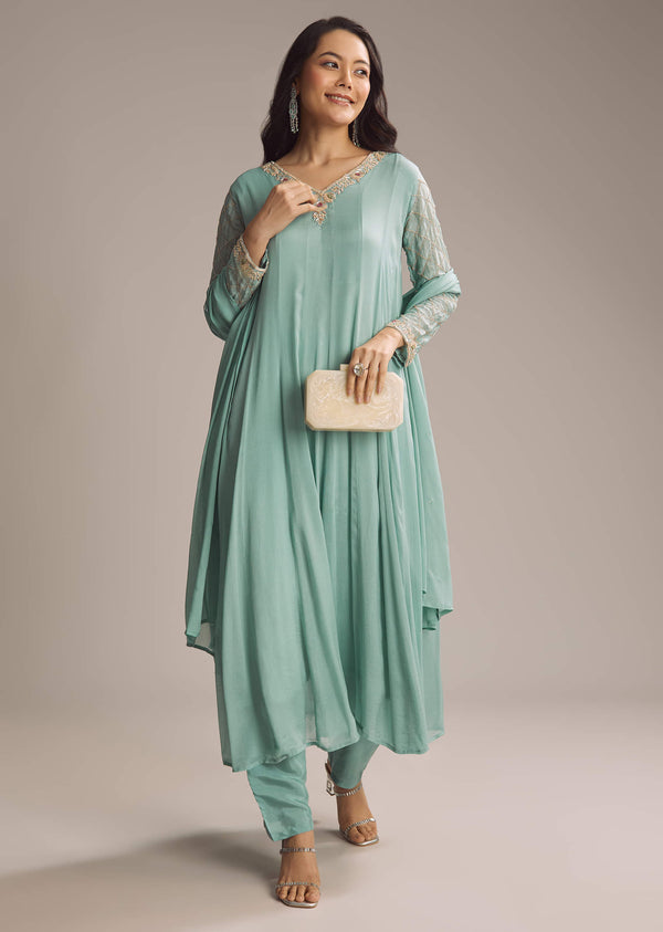 Aqua Green Chinon Anarkali Suit With Cutdana And Sequins Work
