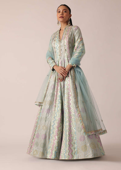 aqua blue chanderi anarkali set with brocade detail-sg173390 1