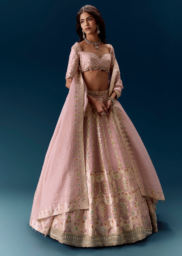 Baby Pink Banarasi Embroidered Bridal Lehenga With Dupatta