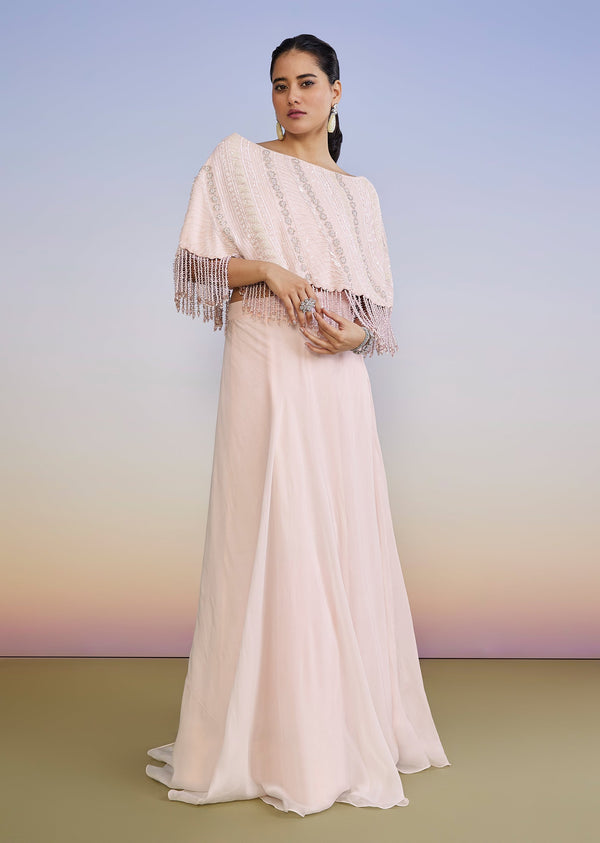 Baby Pink Cape Lehenga With Moti Sequin Cut Dana Work
