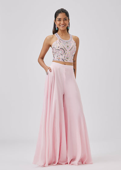 Baby Pink Crepe Crop Top Palazzo Set With Mirror Sequin And Bead Embroidery