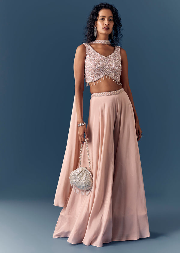 Baby Pink Embellished Croptop Palazzo Set With Dupatta