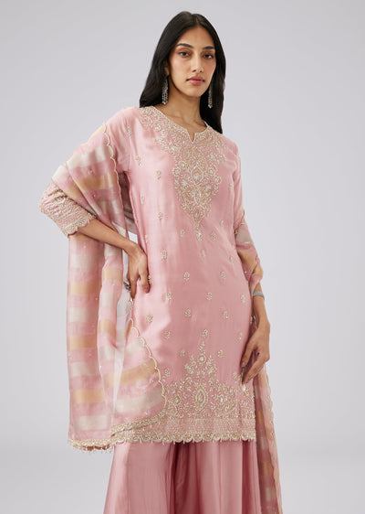Baby Pink Satin Butti Embroidered Palazzo Suit