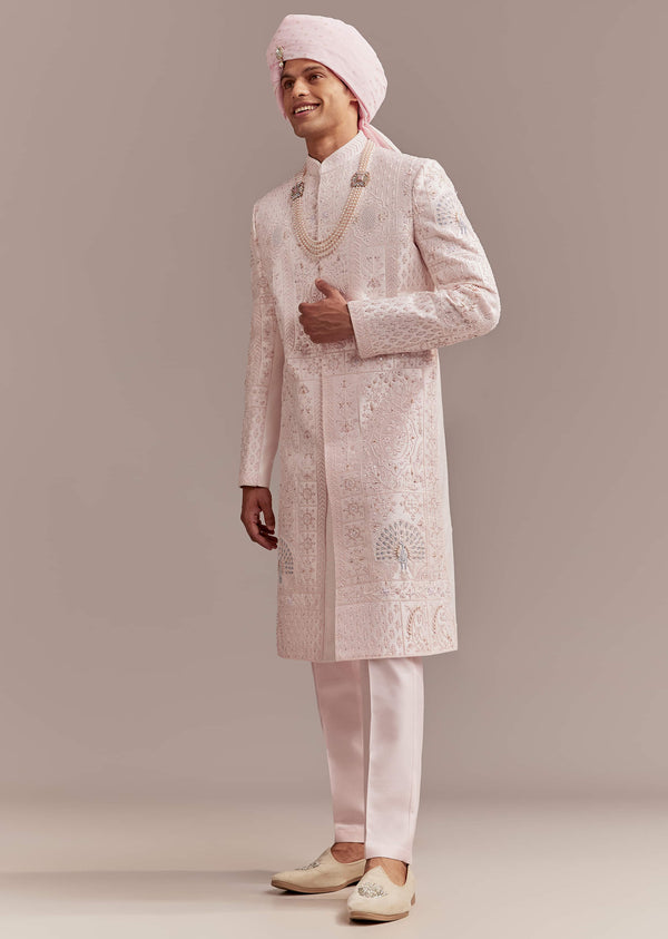 Baby Pink Silk Sherwani For Groom With Floral And Geometric Embroidery