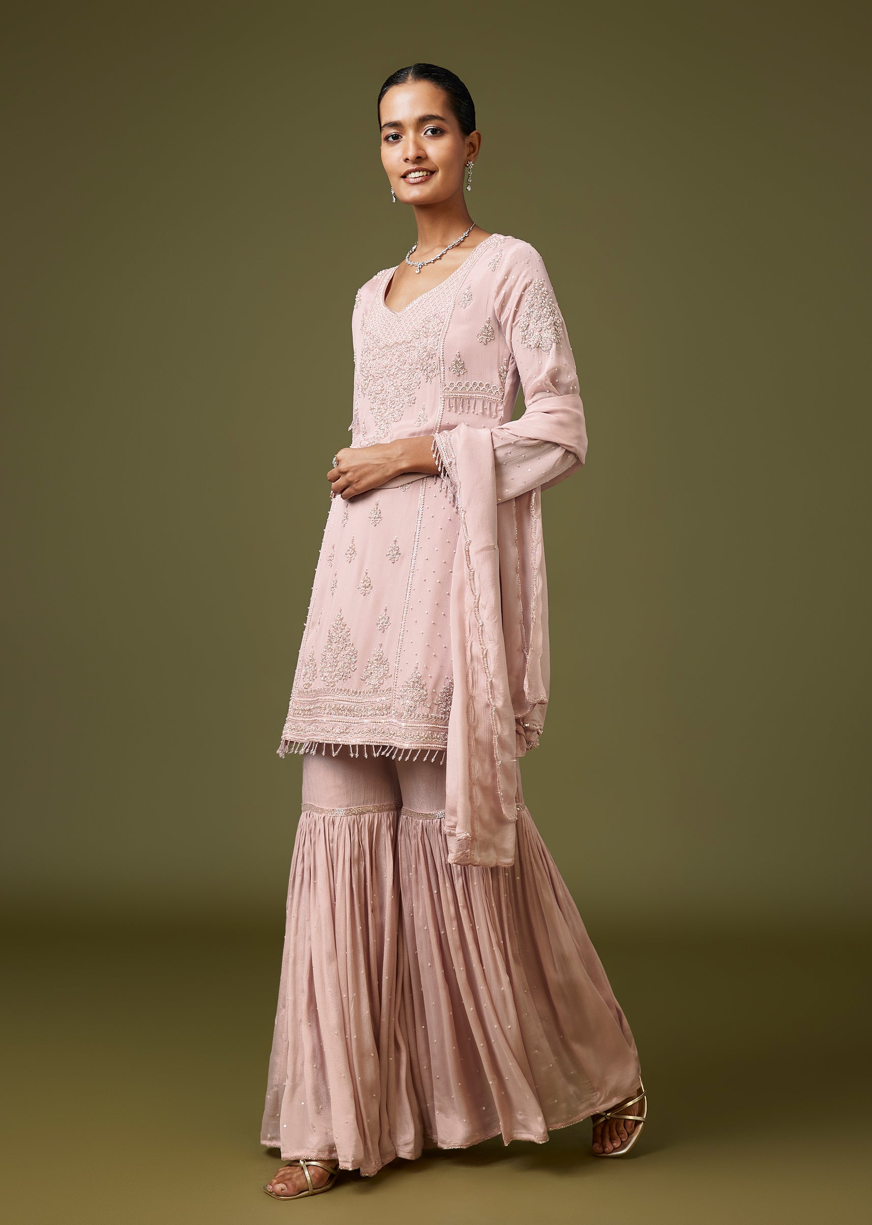 Baby Pink Sweetheart Sharara Set With Moti Cut Dana Work
