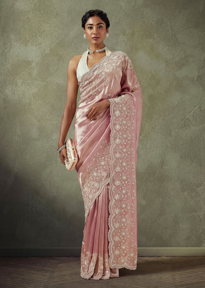 Baby Pink Tissue Organza Saree With Cut Dana And Sequin Embellished Border