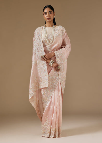 Baby Pink Tissue Saree With Cut Dana And Sequin Embroidered Border