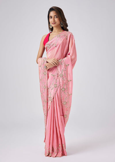 Baby Pink Tissue Silk Saree With Kundan Embroidery
