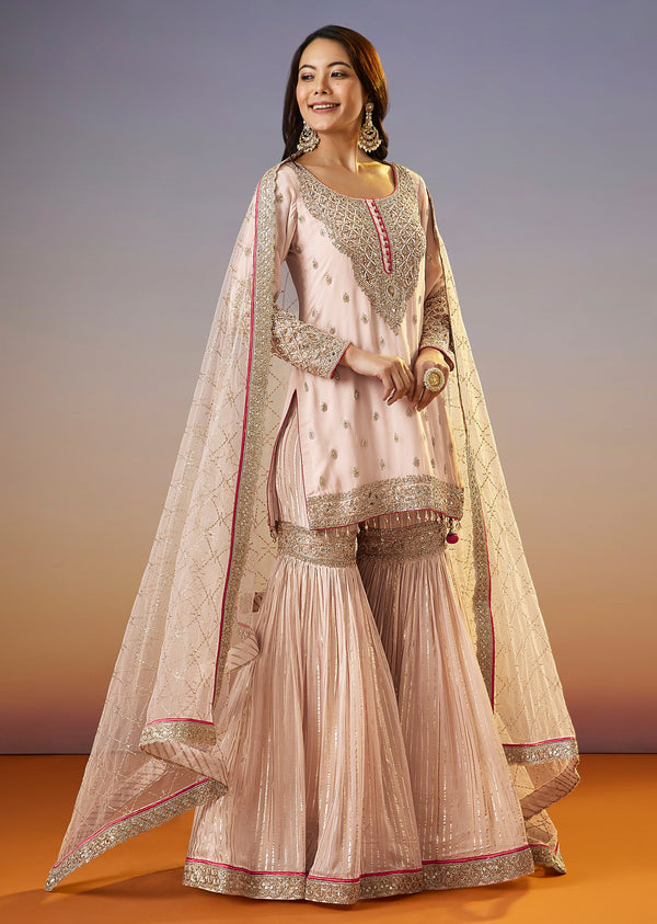Baby Pink Zardosi Sharara Suit With Dupatta