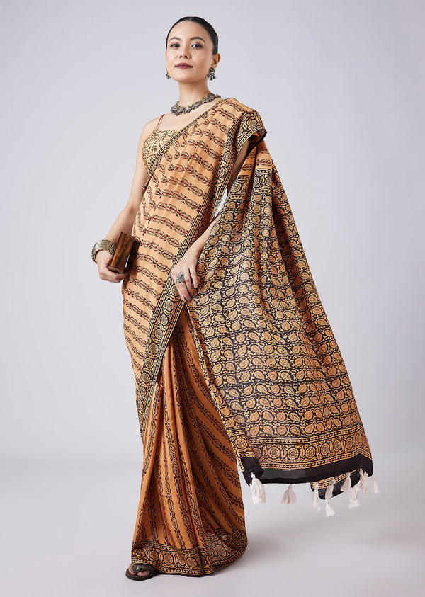 Beige Block Print Saree with Unstitched Blouse