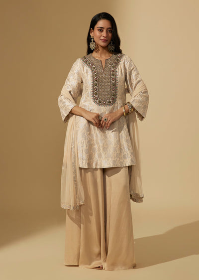 Beige Brocade Palazzo Suit Set With Zardozi And Sequin Work