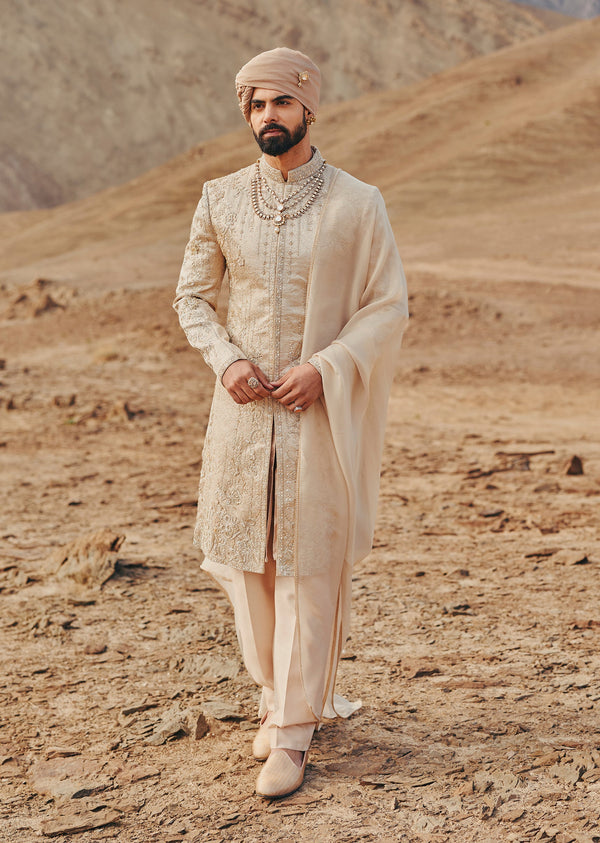 Beige Brocade Sherwani With Tonal Hand Embroidery