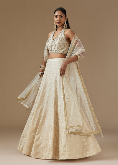 Beige Chanderi Banarasi Lehenga With Mirror And Sequin Embroidered Choli