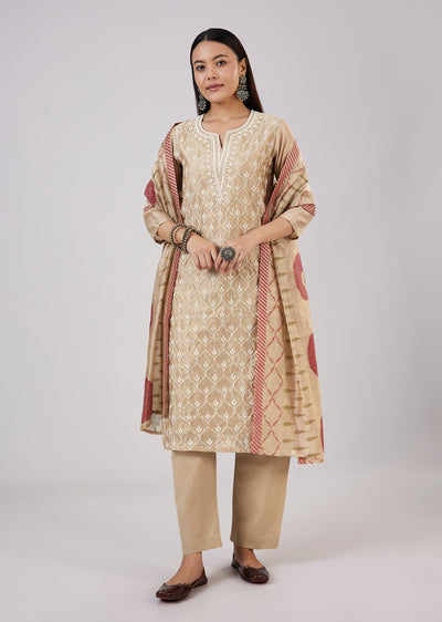 Beige Chanderi Kurta Set With Thread And Sequins Work