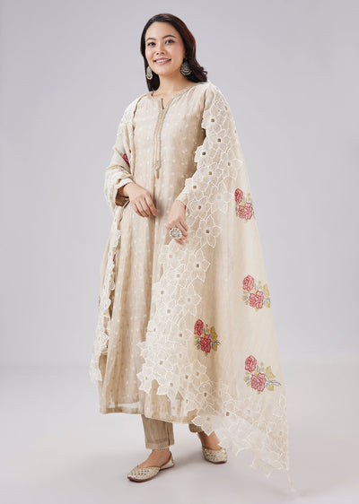 Beige Chanderi Woven Anarkali Set With Cutwork Dupatta