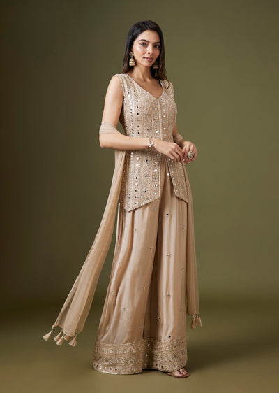 Beige Chinon Embroidered Front Slit Kurta Palazzo Set With Dupatta