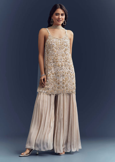 Beige Chinon Palazzo Suit With Intricate Hand Embroidery