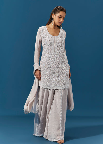 Beige Chinon Palazzo Suit With Sequin And Moti Embroidered Kurta