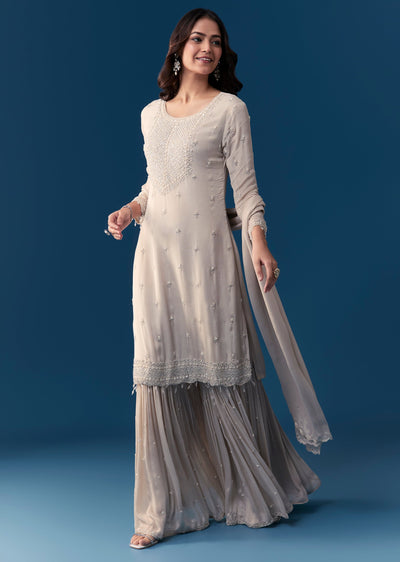 Beige Chinon Sharara Set With Cut Dana And Sequins Work