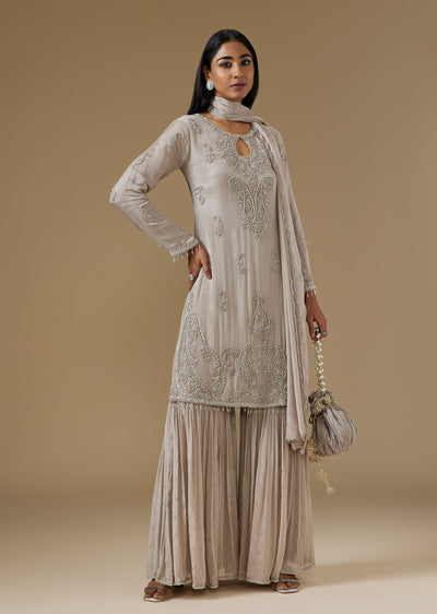 Beige Chinon Sharara Suit With Keyhole Neck And French Knot Beadwork