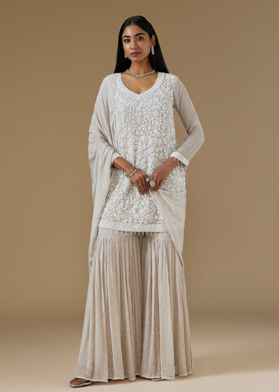Beige Chinon Sharara Suit With V Neck Sequin And Cut Dana Kurta