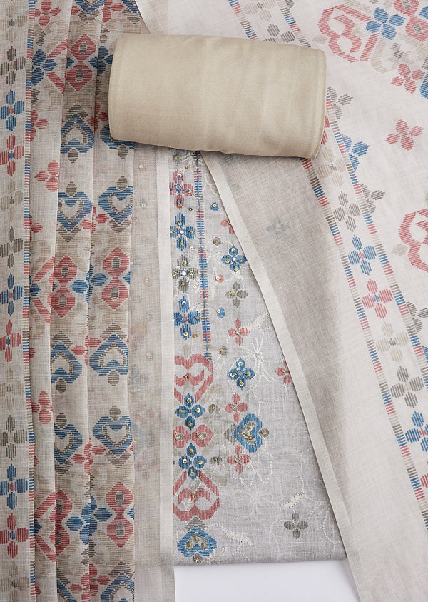 Beige Cotton Embroidered Dress Material Set