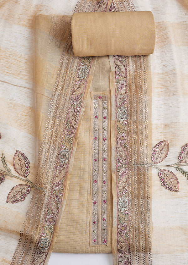 Beige Cotton Embroidered Dress Material Set With Resham Embroidery