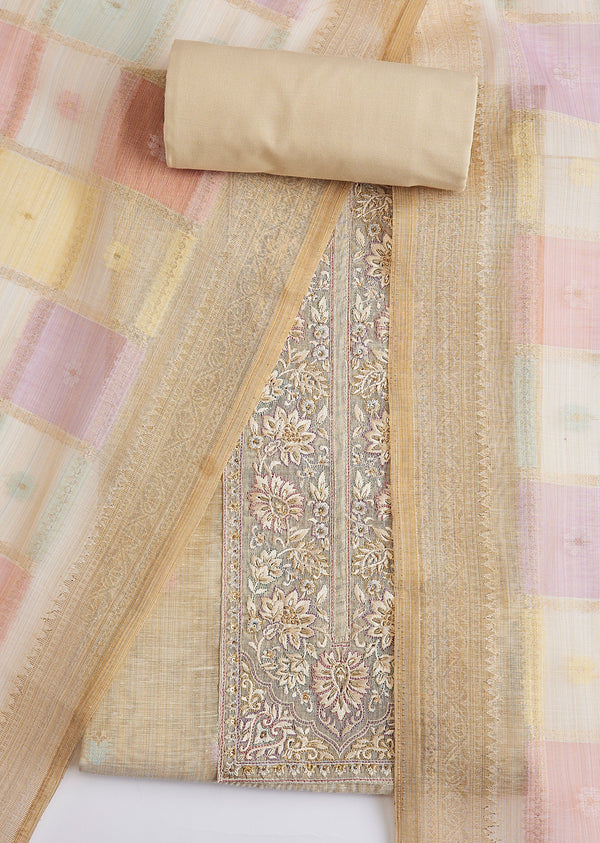 Beige Cotton Resham Thread Embroidered Dress Material Set