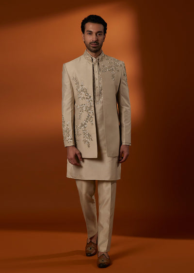 Beige Cotton Silk Floral Zardosi Embroidered Indo Western Set