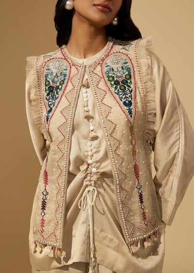 Beige Crepe Shirt And Dhoti Set With Resham Work Jacket