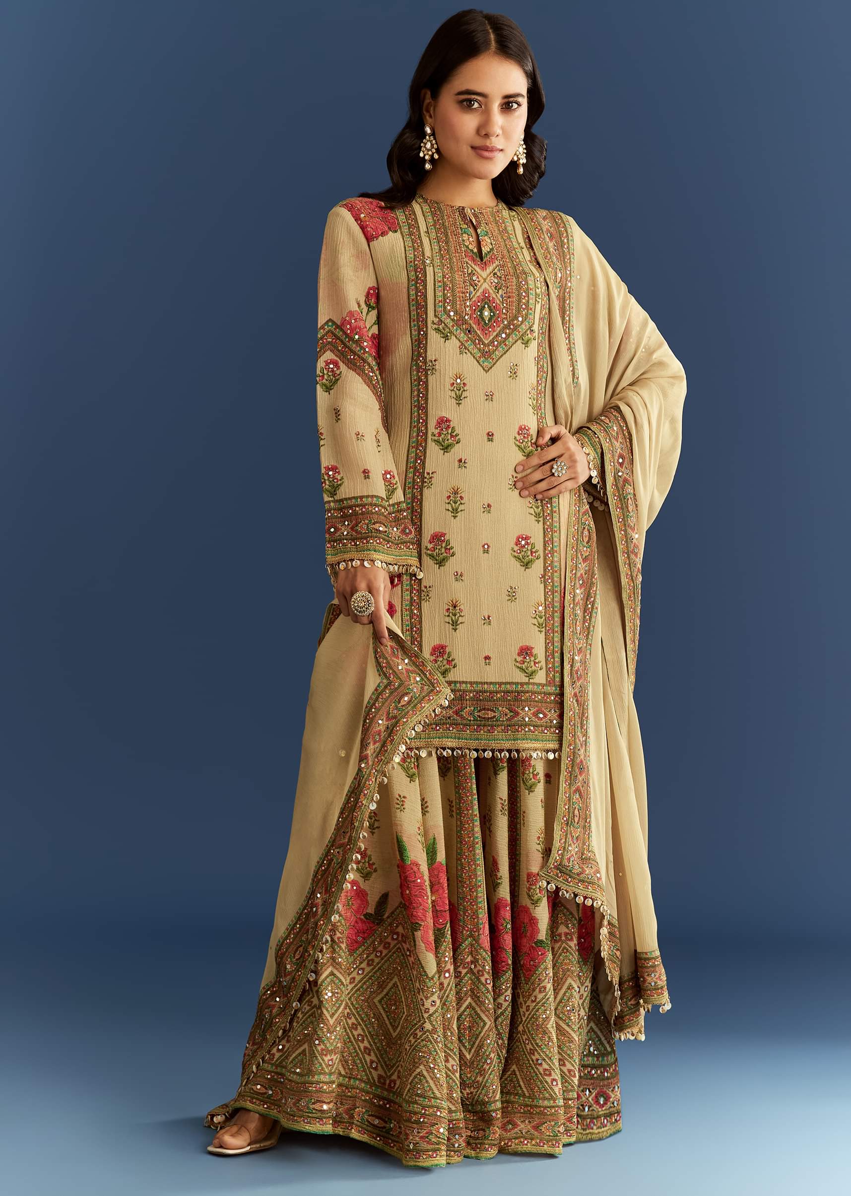 Beige Crush Tissue Floral Printed Kurta Palazzo With Dupatta