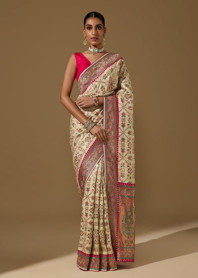 Beige Dola Silk Printed Saree With Zardozi And Cutdana Work