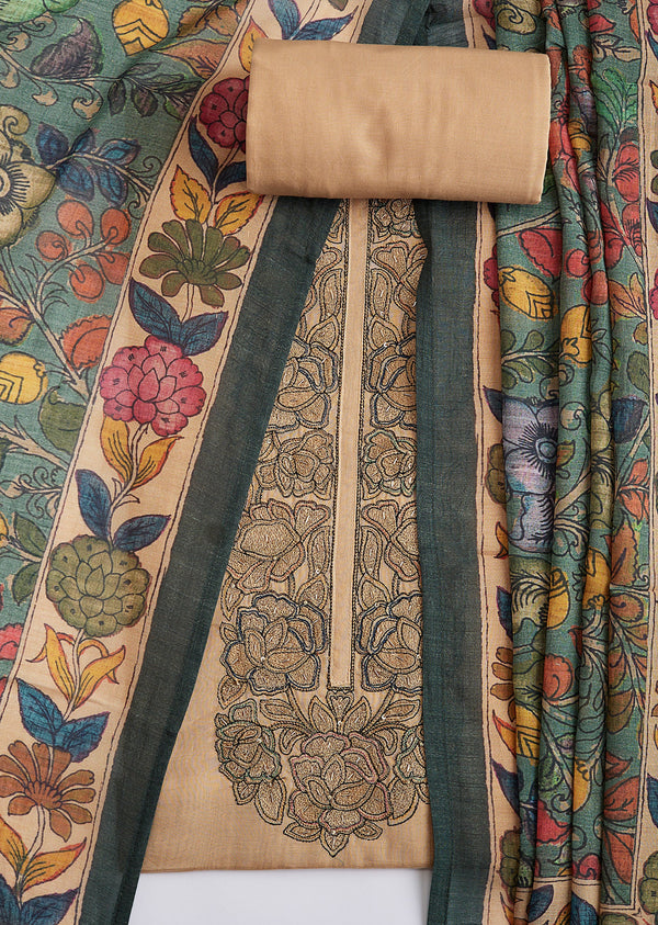 Beige Dress Material Set With Embroidered Dupatta