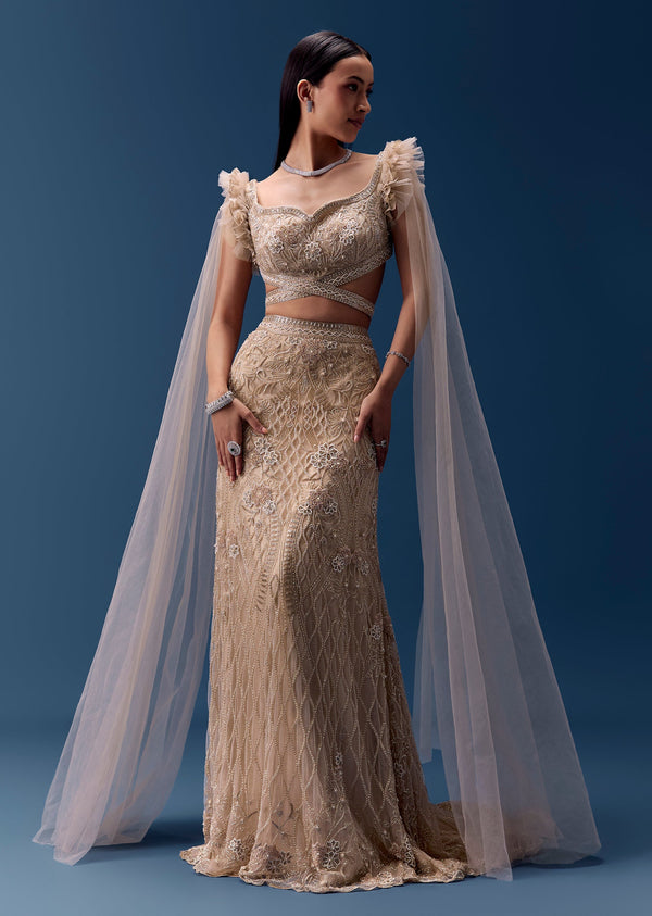 Beige Fishcut Lehenga with Draped Ruffle Blouse