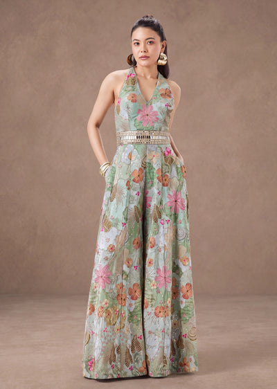 Sky Blue Floral Print Jumpsuit Adorned With Zari And Mirror Embellishments