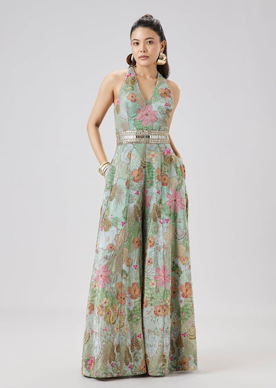 Beige Floral Print Jumpsuit Adorned With Zari And Mirror Embellishments