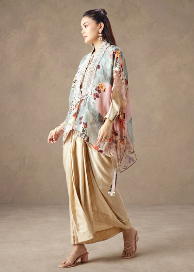 Beige Floral Printed Cape And Drape Skirt Set