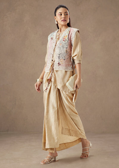 Beige Floral Printed Jacket And Drape Skirt Set