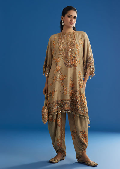 Beige Floral Printed Kaftan Dhoti Set With Shells And Metal Coin Tassels