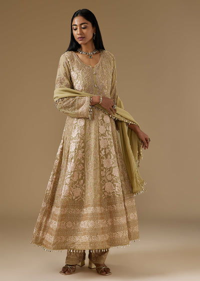 Beige Georgette Anarkali Suit With Floral Resham And Beaded Embroidery