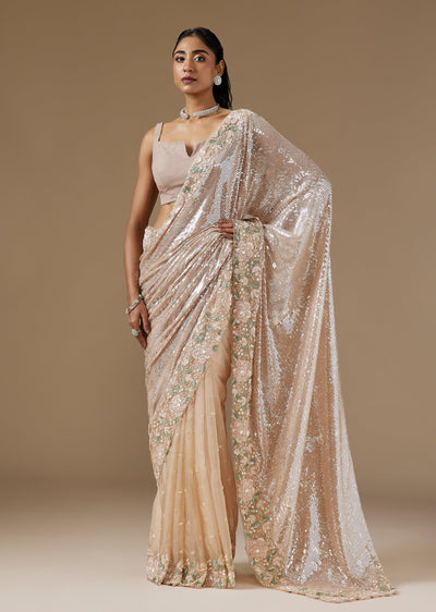 Beige Half And Half Sequin Saree With Floral Cut Dana Embellished Border