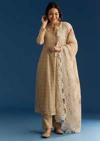 Beige Jamdani Butti Anarkali With Cutwork Dupatta