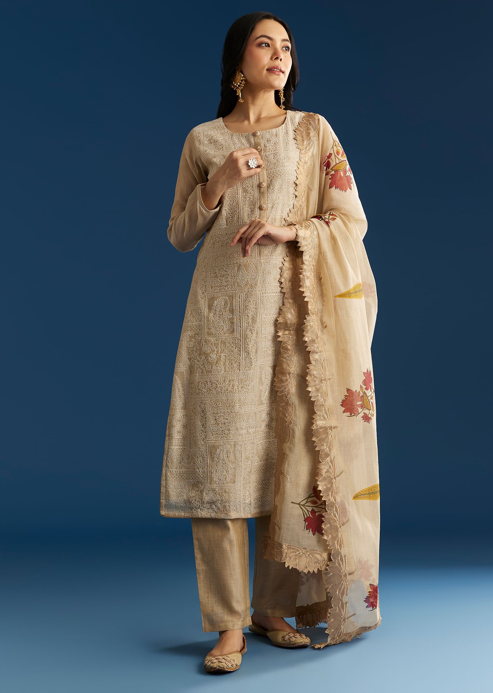 Buy Beige Jamdani Cotton Kurta Set With Thread Work And Block