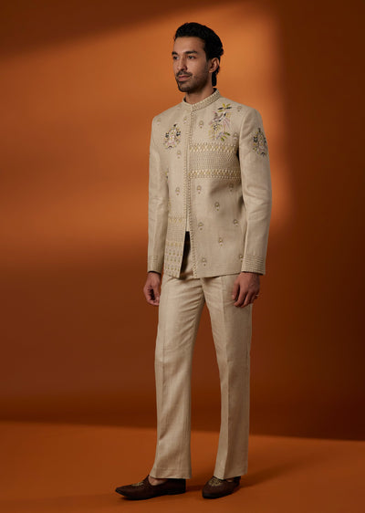 Beige Linen Blend Floral Embroidered Jodhpuri Suit Set