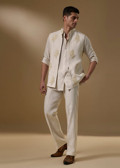 Beige Linen Jacket Kurta Set With Dori And Resham Floral Embroidery