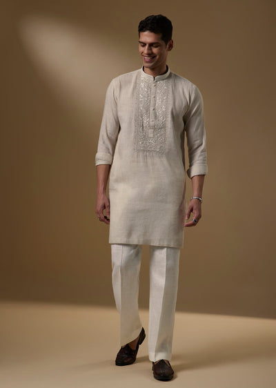 Beige Linen Kurta With Tonal Resham Floral Embroidery