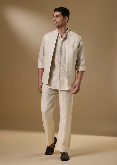 Beige Linen Resham Embroidered Kurta Jacket Set With Sequin Work