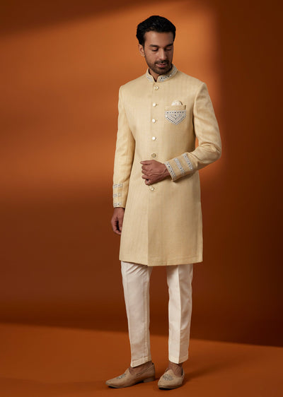 Beige Matka Silk Sherwani Set With Mirror And Dori Work