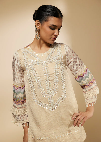 Beige Moti And Yoke Embroidered Kurti And Skirt Set